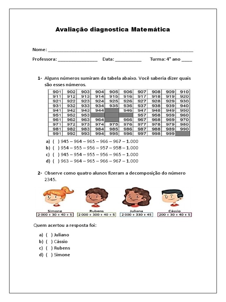 Avaliação Diagnóstica de Matemática 4º Ano | PDF | Métodos e Materiais ...