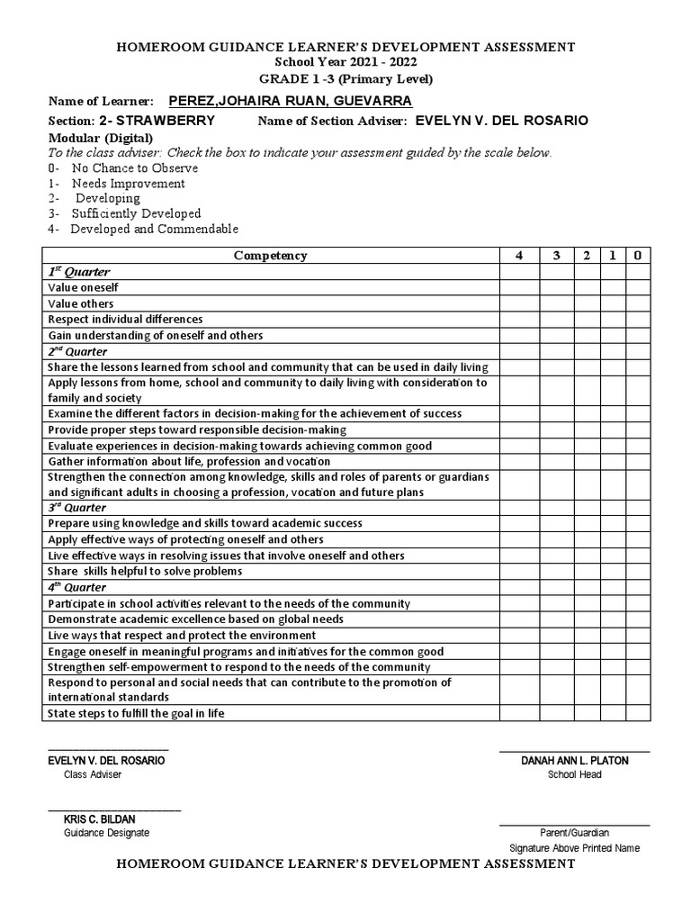 Homeroom Guidance Assessment Grades 1-3 | PDF | Learning | Decision Making