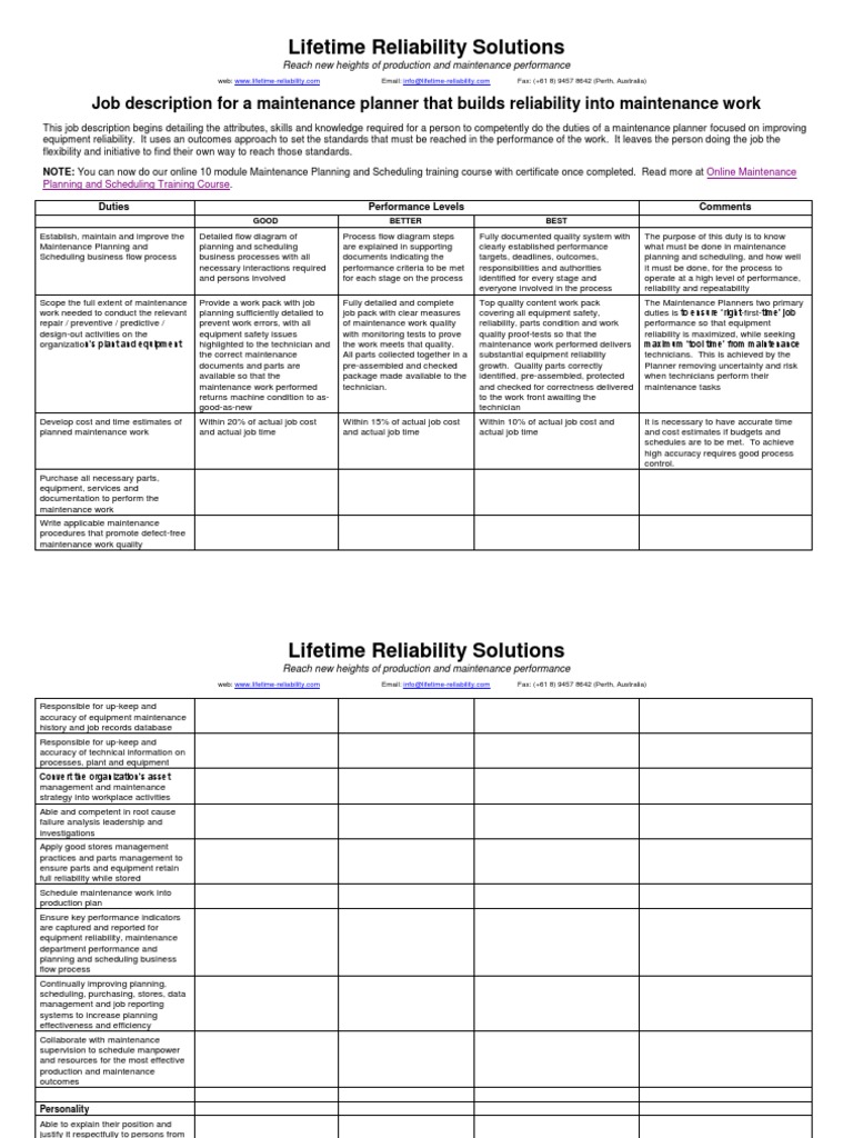 Maintenance Planner Job Description Pdf Reliability Engineering Risk