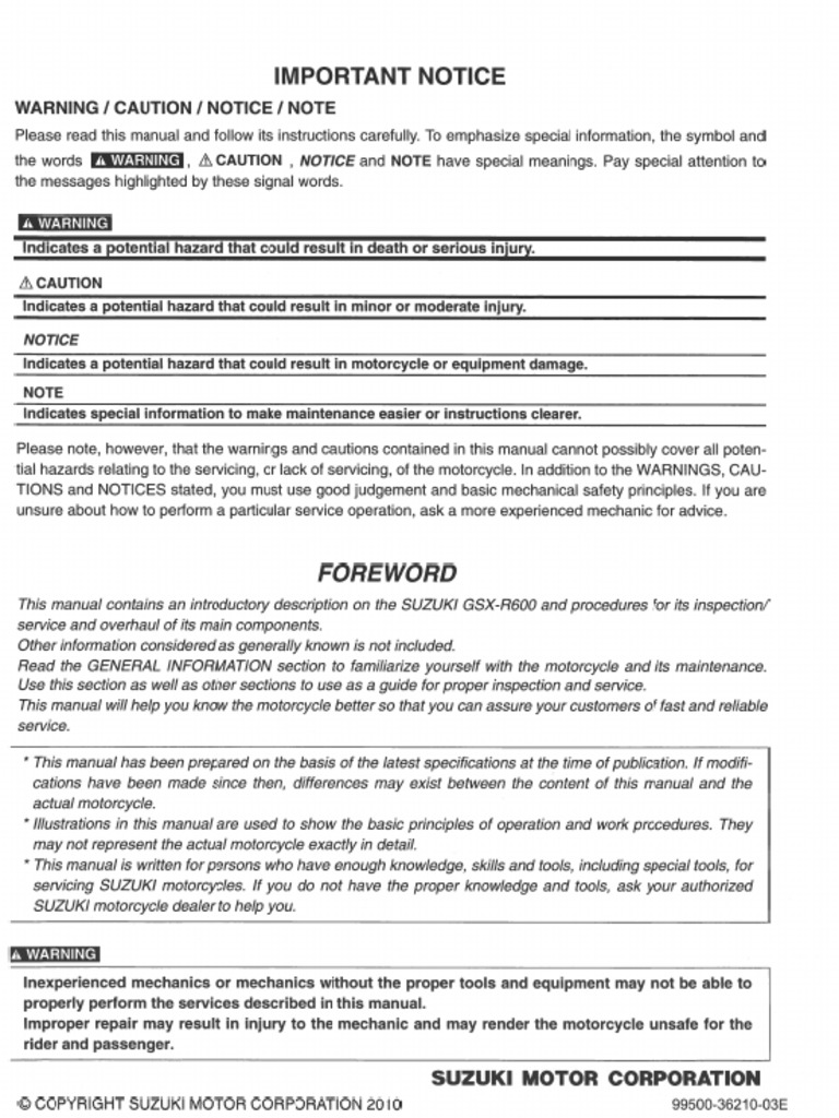 SUZUKI GSX-R600 サービスマニュアル　L1 Suzuki GSX-R 600 L1 Service Manual | PDF