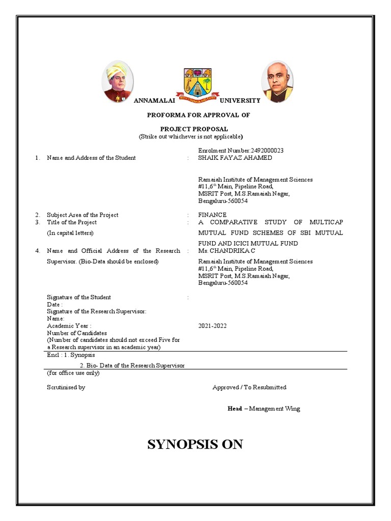 Synopsis On Annamalai University Proforma For Approval of Project