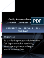 Quality Assurance Department: Customer Complaints System Prepared By: Reema A. Al-Shoubaki