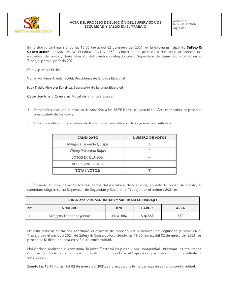 Acta Del Proceso de Elecciones Del SST | PDF | Votación | Gobierno