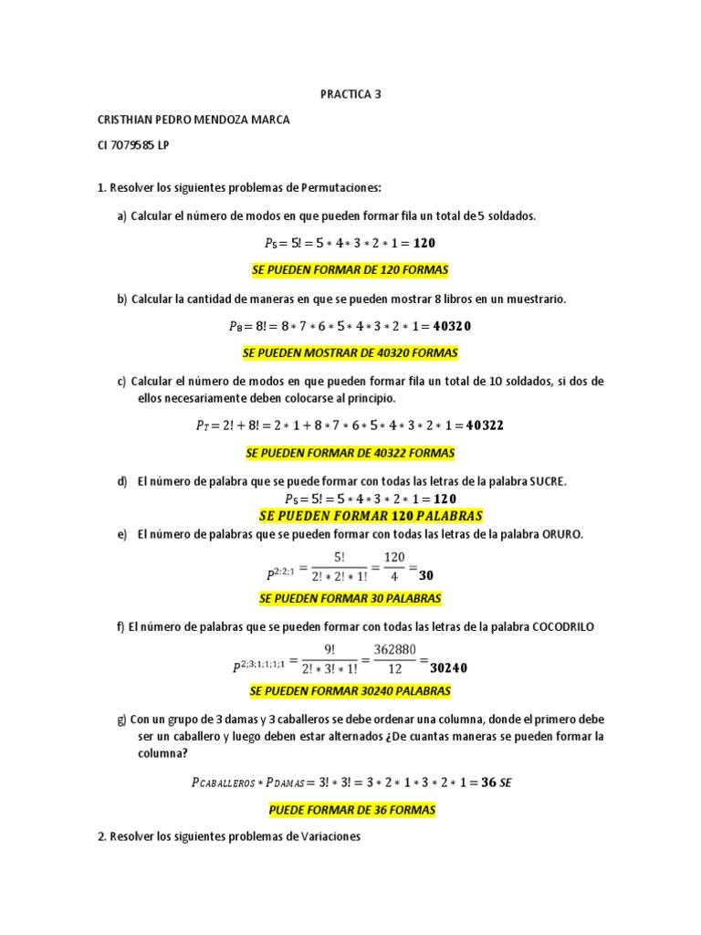 Ejercicios de Permutaciones y Combinatoria | PDF | Matemáticas
