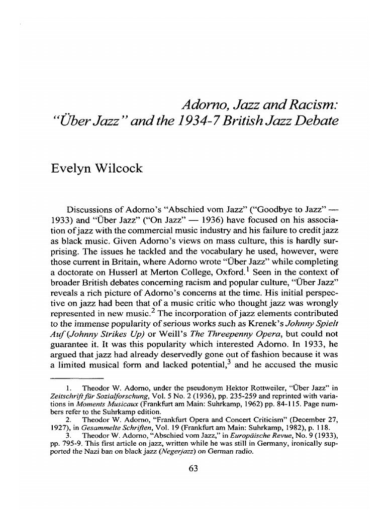 Adorno, Jazz, and Racism Wilcock PDF Jazz Theodor W. Adorno