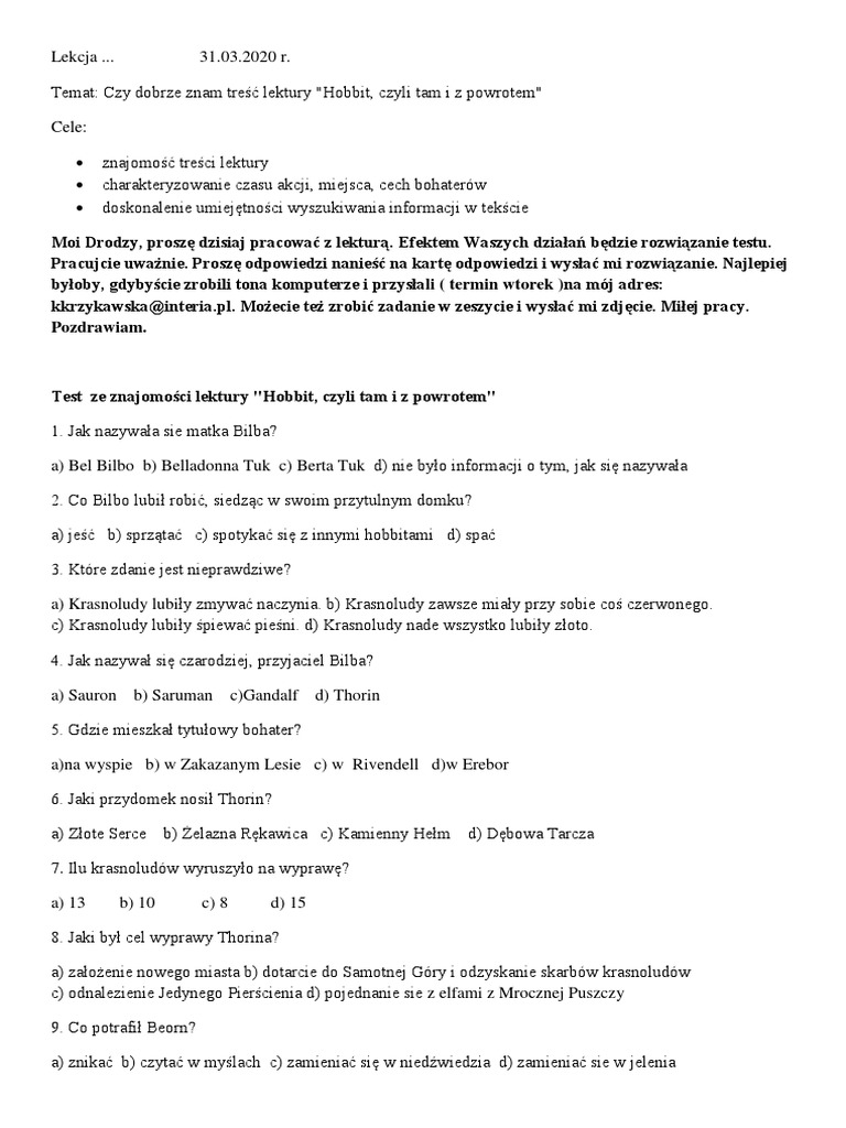 Test Ze Znajomości Lektury Hobbit PDF
