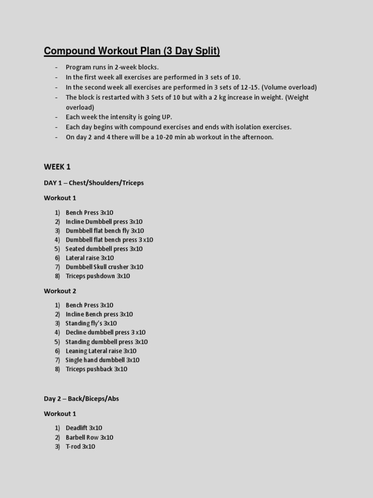 Compound Workout Plan (3 Day Split) : Week 1 | PDF | Wellness