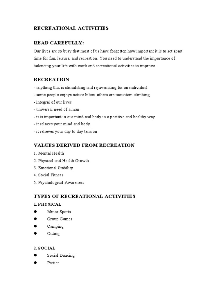 Importance of Recreational Activities | PDF | Recreation | Mental Health