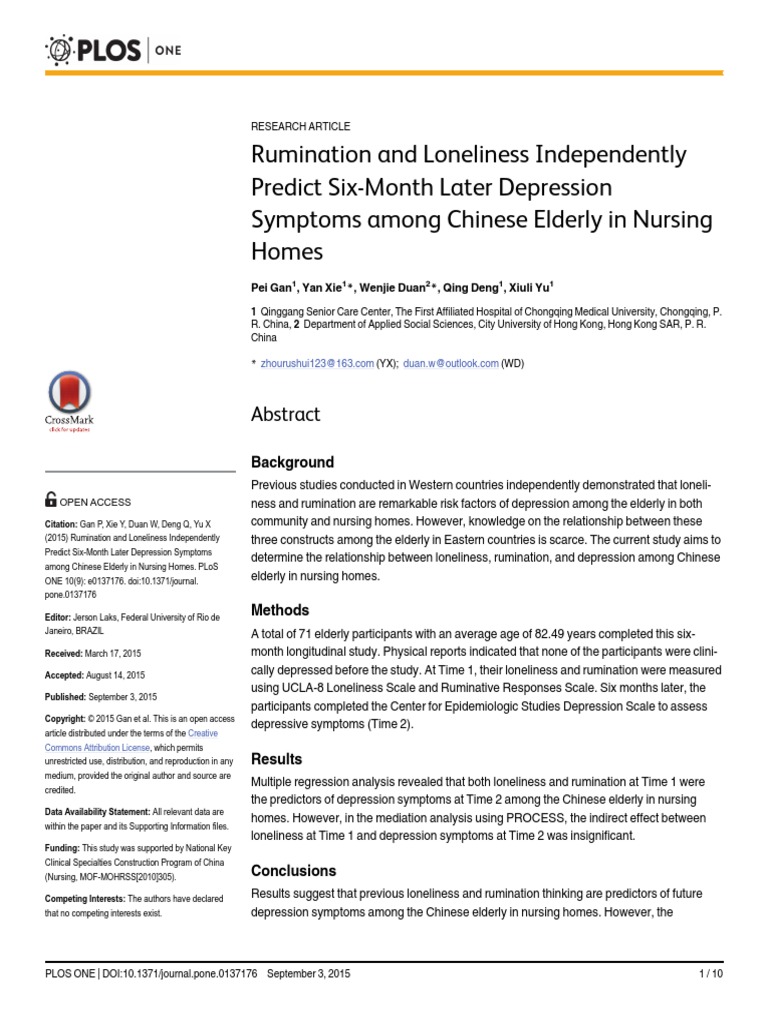 Rumination and Loneliness Independently Predict SixMonth Later