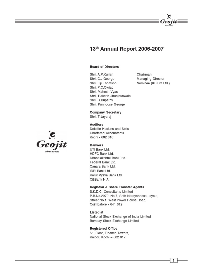 Geojit Financial Services Annual Report 2007 | PDF | Dividend | Takeover