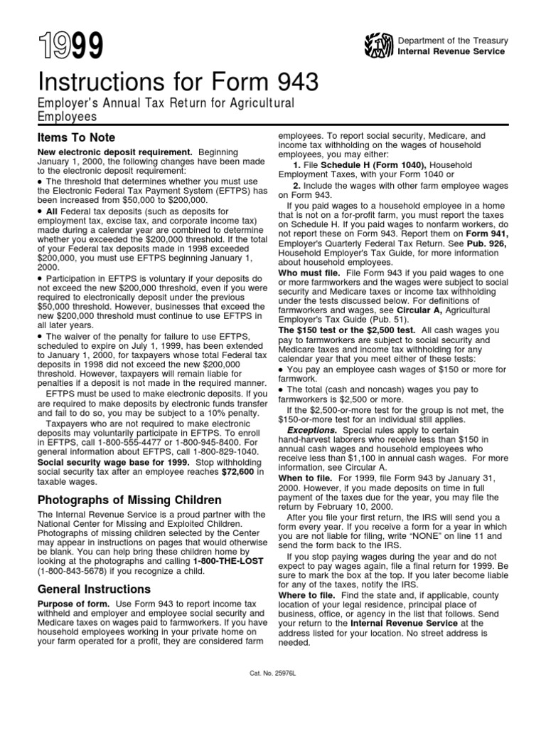 Instructions For Form 943 Employer's Annual Tax Return For