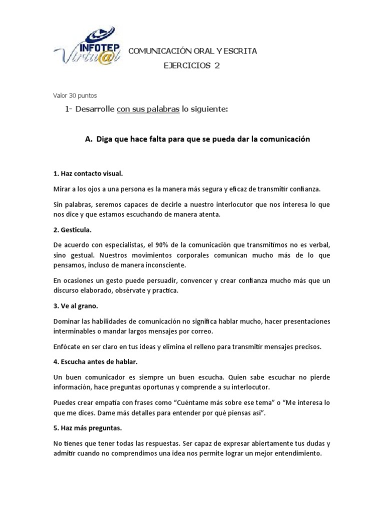 Ejercicios de Comunicación Oral y Escrita | PDF | Comunicación | Habla