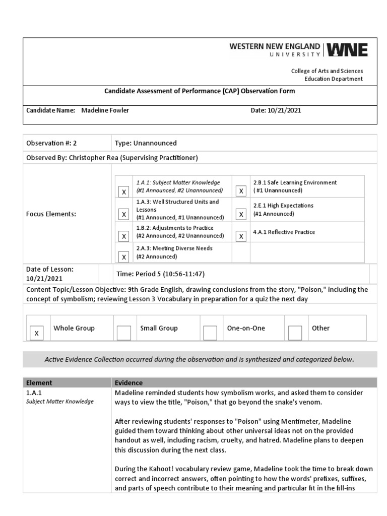 CAP Observation Form for Madeline Fowler | PDF | Reflective Practice ...