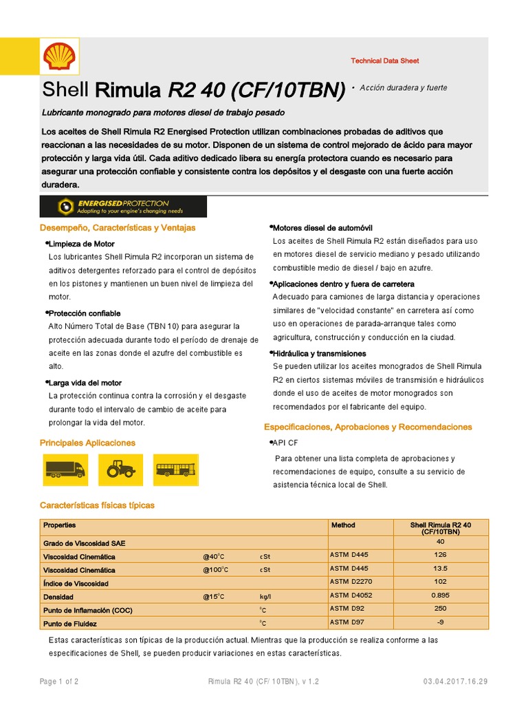 Ficha Técnica Shell Rimula R2 40 | PDF | Motor diesel | Lubricante