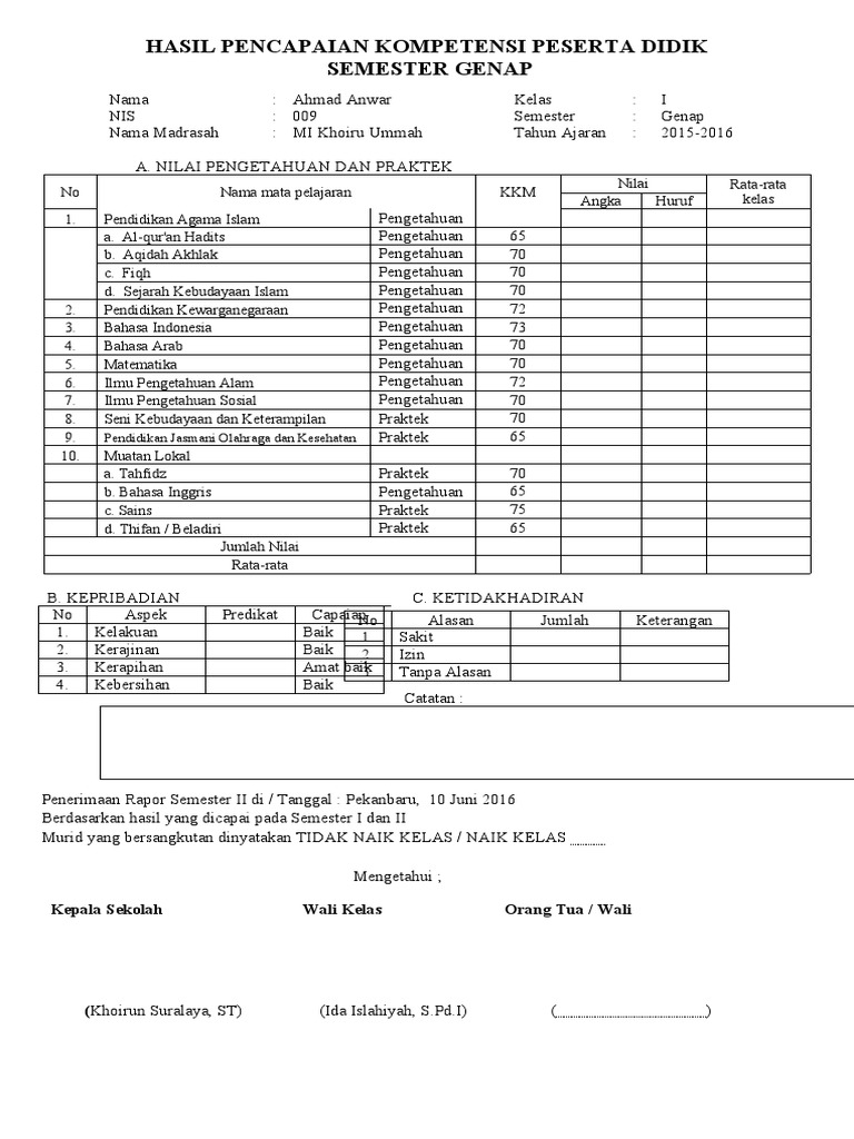 Rapor Semester Genap MI Khoiru Ummah | PDF