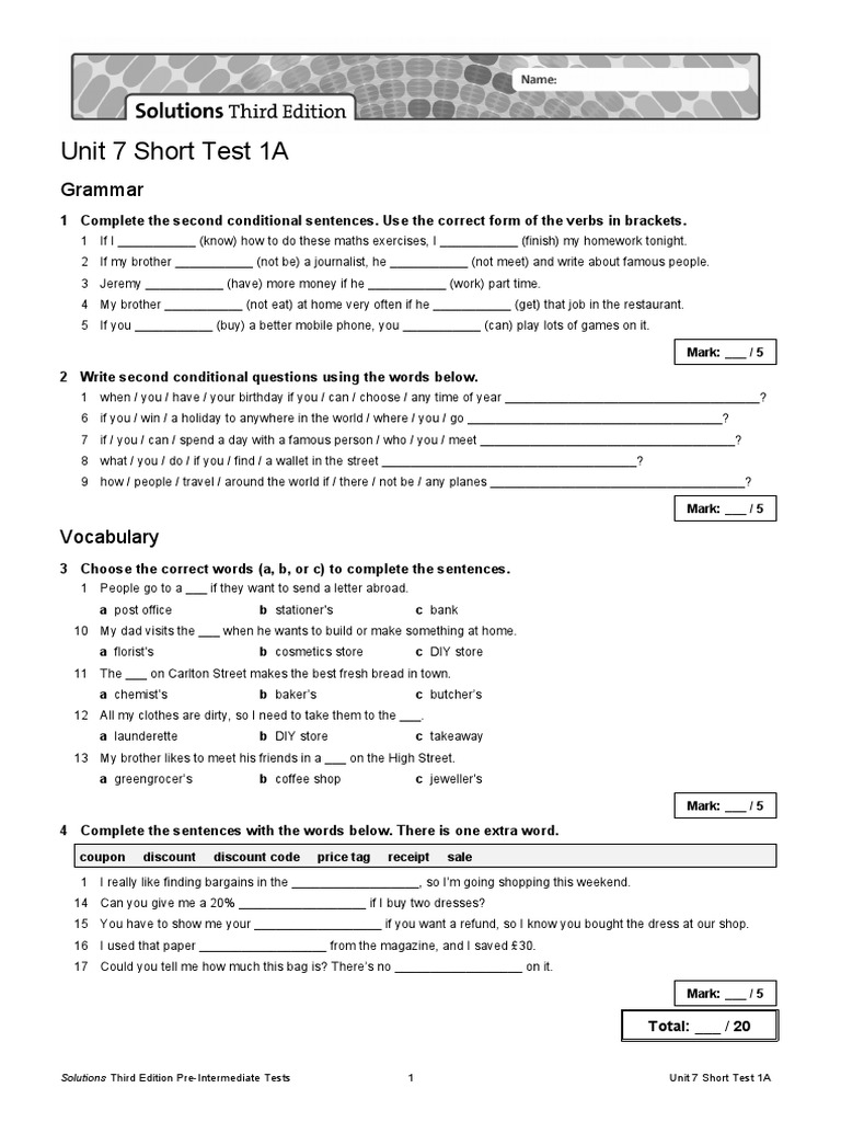 Unit 7 Short Test 1A Overview | PDF | Coupon