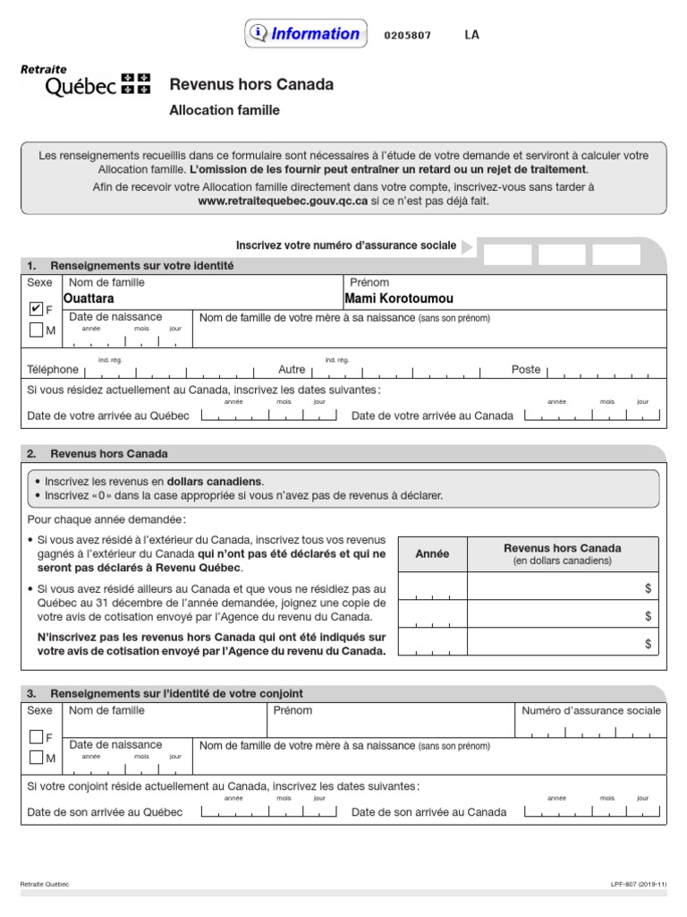 Formulaire LPF-807 : Revenus hors Canada | PDF | Canada