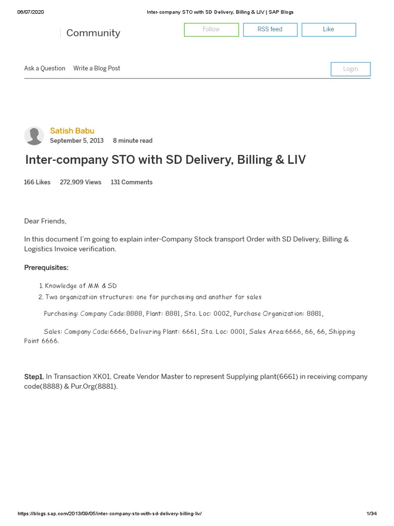Inter-Company STO With SD Delivery, Billing & LIV - SAP Blogs | PDF ...