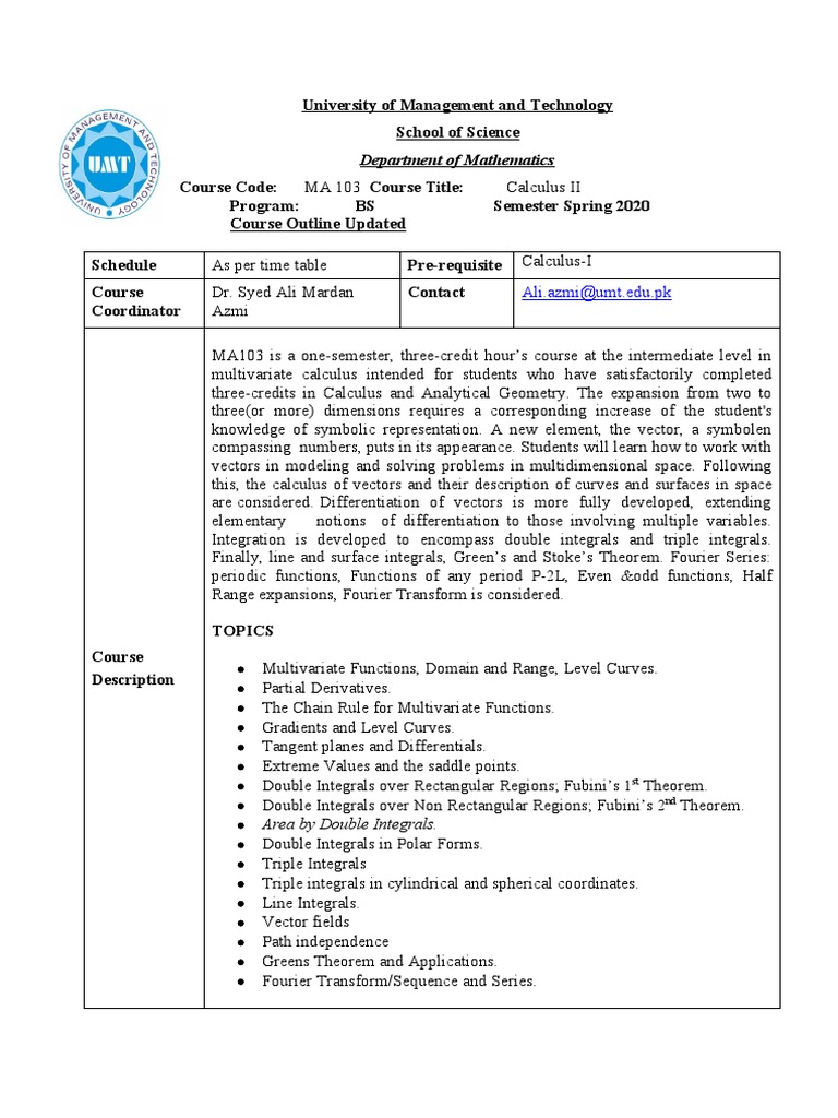 Calculus II Course Outline - UMT | PDF | Integral | Multivariable Calculus