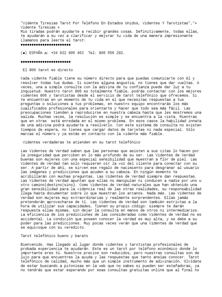 Vidente Tiresias Tarot Por Teléfono en Estados Unidos, Videntes Y