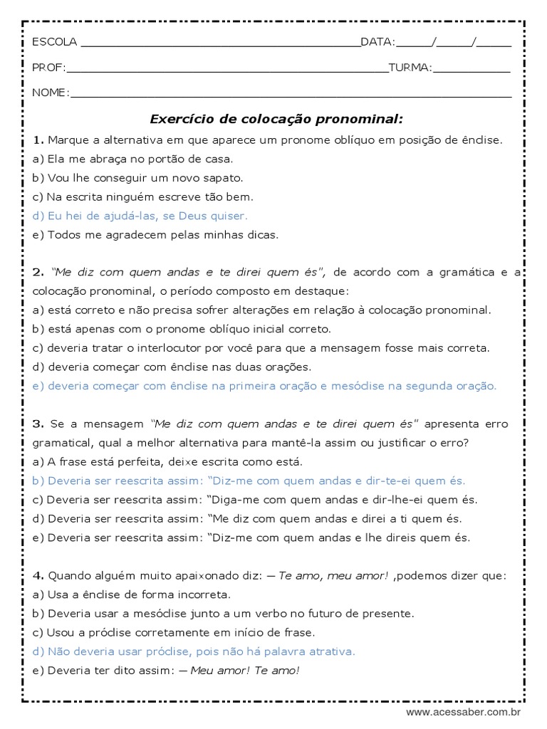 Atividade de Português Atividade de Colocação Pronominal 2º Ano Com ...