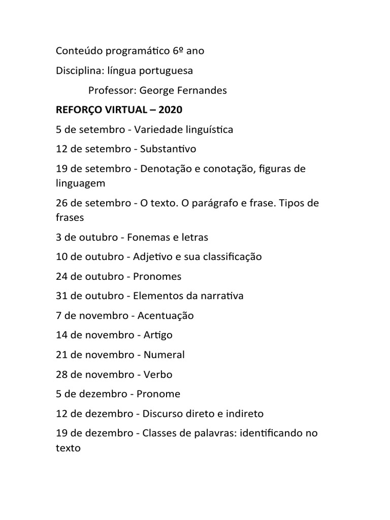 Conteúdo de Português - 6º Ano | PDF