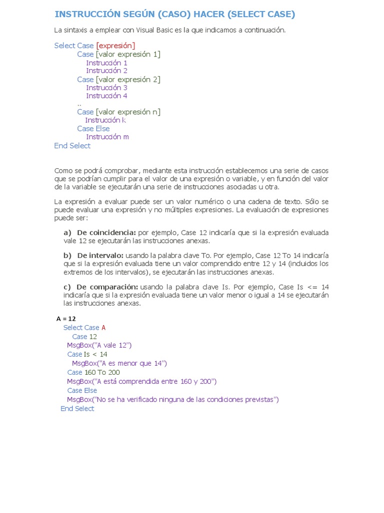 Estructura Select Case en Visual Basic | PDF