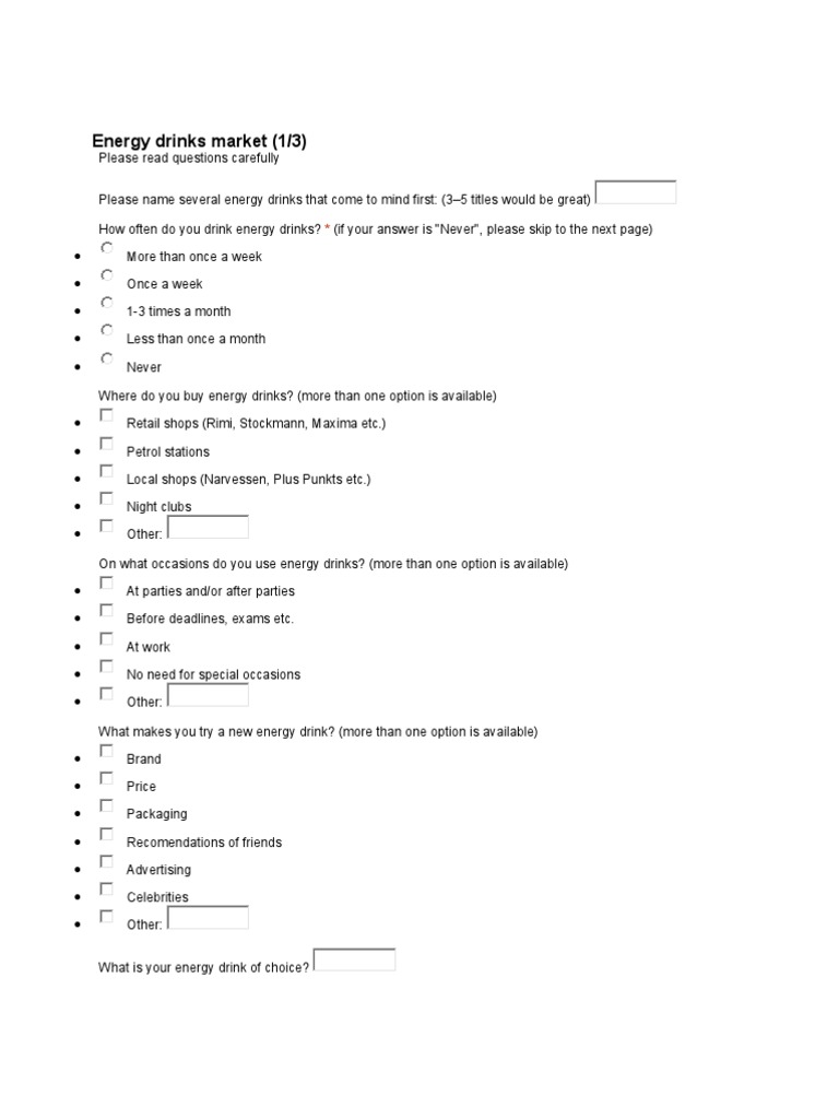 Questionnaire Energy Drinks Market Retail Business Economics