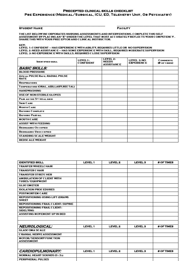 Precepted Clinical Skills Checklist | PDF | Catheter | Intravenous Therapy