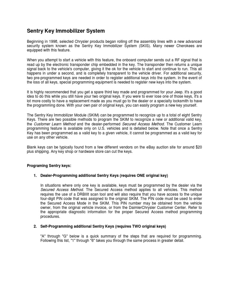 Sentry Key Immobilizer System PDF Electronics Computing