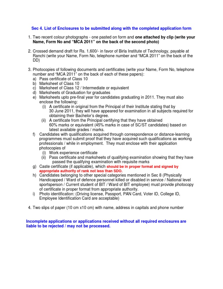 Menu_634370142014302500_Sec 4. List of Enclosures Required With the