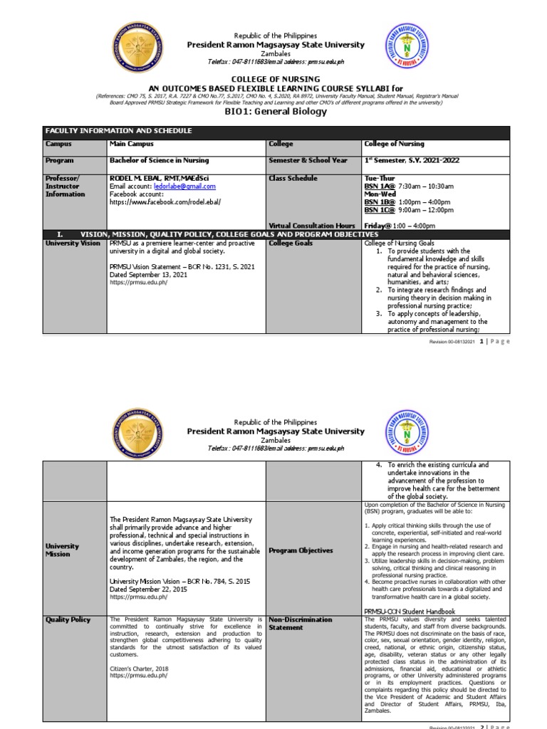 PRMSU Nursing Course Syllabus: BIO1 | PDF | Evolution | Life