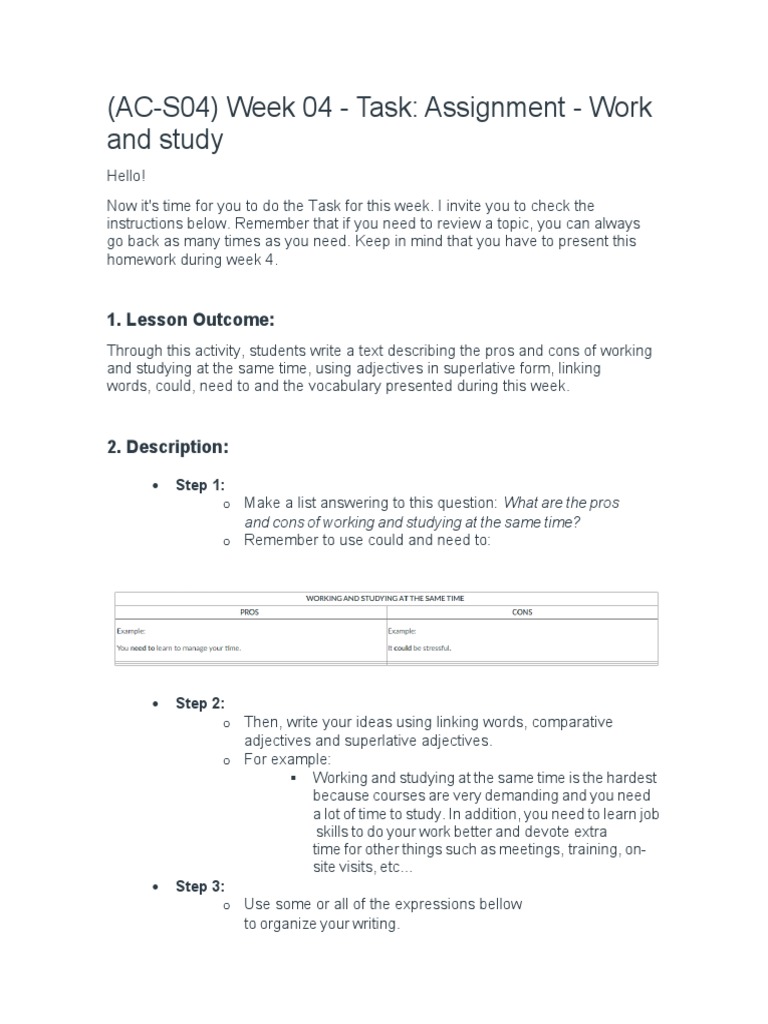 Week 04 Assignment: Work and Study Pros/Cons | PDF | Adjective | Learning