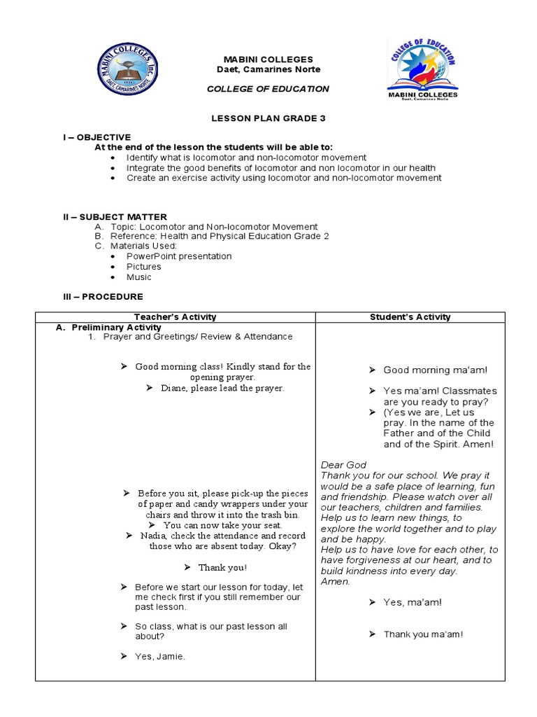 Grade 3 Locomotor & Non-Locomotor Lesson Plan | PDF | Animal Locomotion ...