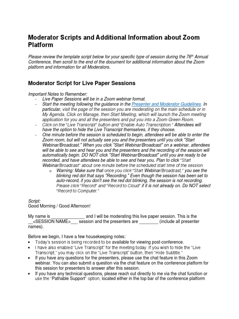 Moderator Scripts and Additional Information About Zoom Platform PDF