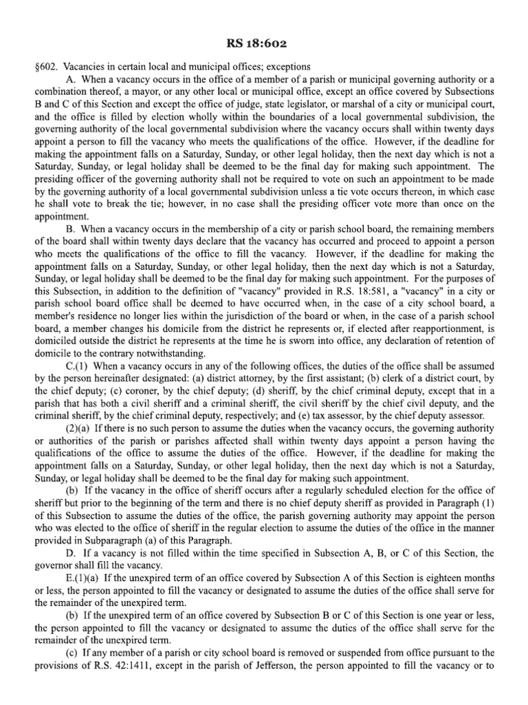 Louisiana Revised Statute 18602, The State Law That Governs The