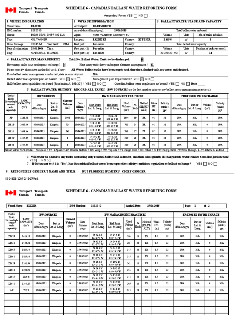 Analysis of Ballast Water Management Practices and Proposed Discharges