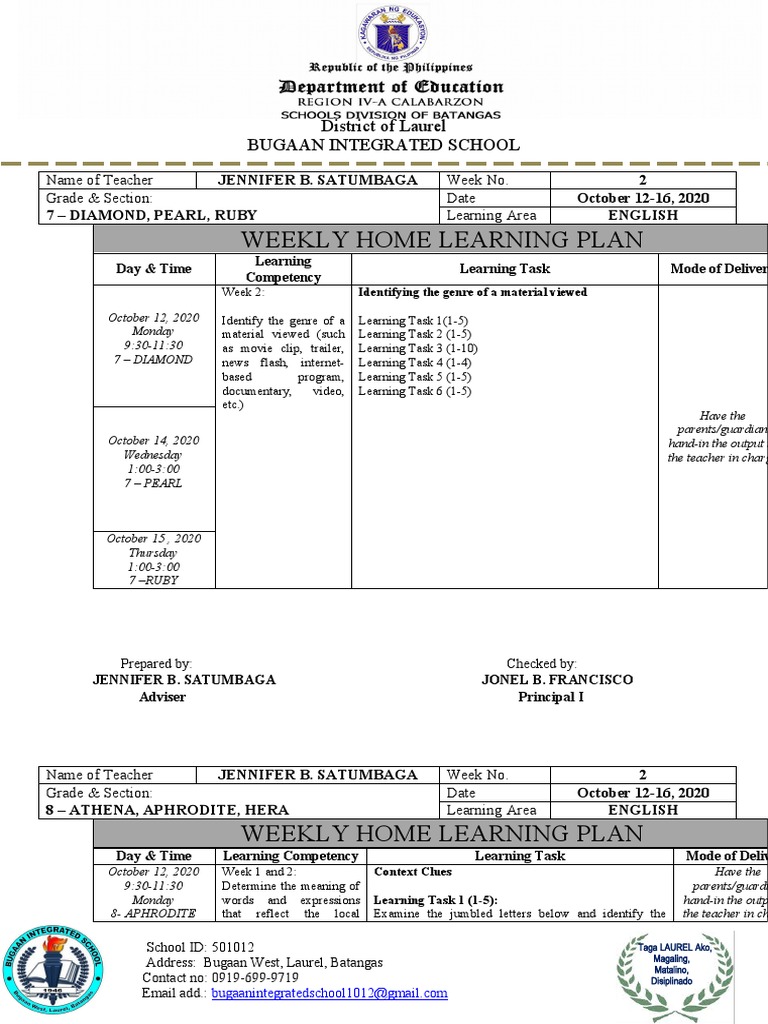 Weekly Home Learning Plan: Grade 7 & 8 | PDF | Communication