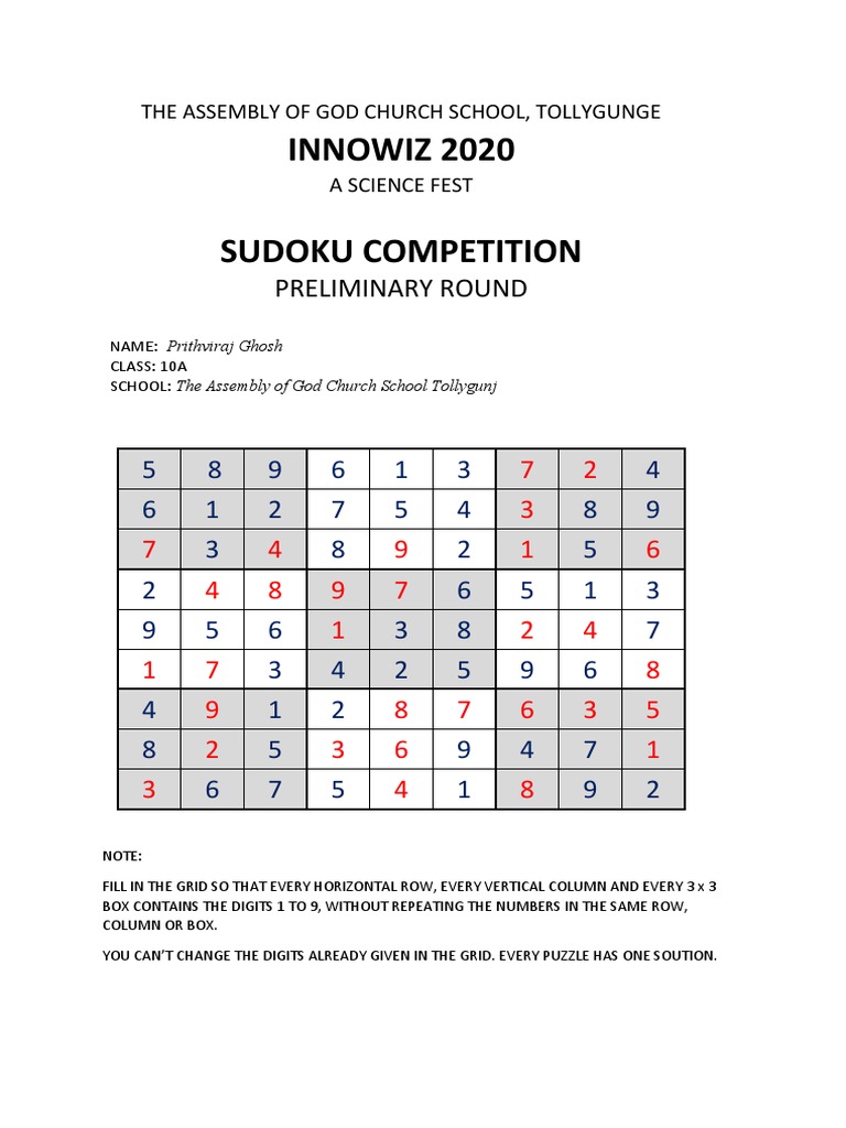 INNOWIZ 2020 Sudoku Competition Preliminary Round PDF