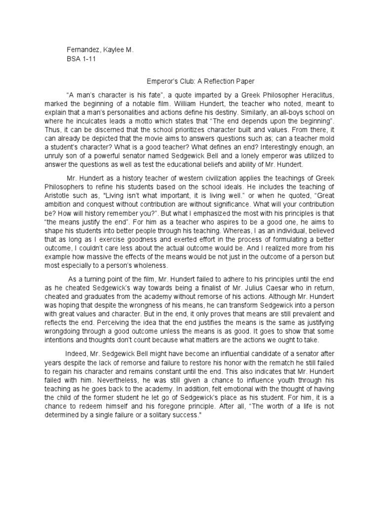 Reflection on Character in Emperor's Club | PDF | Philosophical Theories