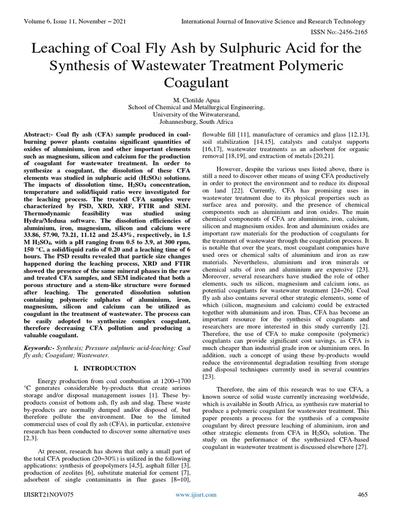 Leaching of Coal Fly Ash by Sulphuric Acid For The Synthesis of ...