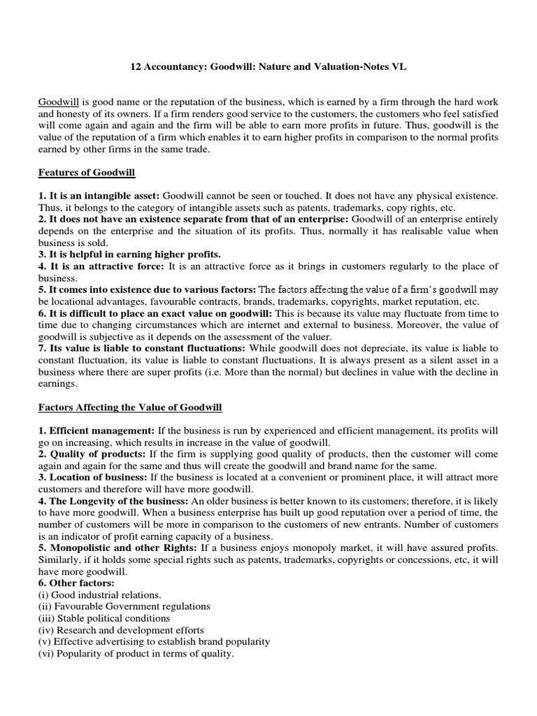 12 Accountancy - Goodwill - Nature and Valuation-Notes and Video Link ...