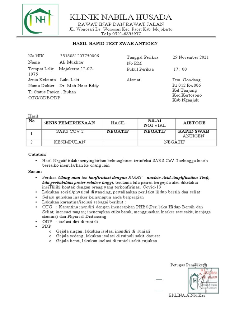 Hasil Rapid Test Swab Antigen Negatif | PDF