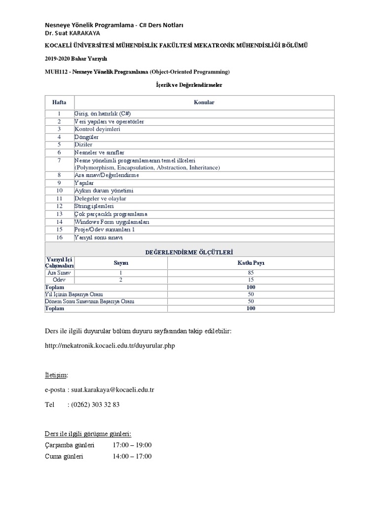 Nesneye Yönelik Programlama - C# Ders Notları: Hafta Konular | PDF
