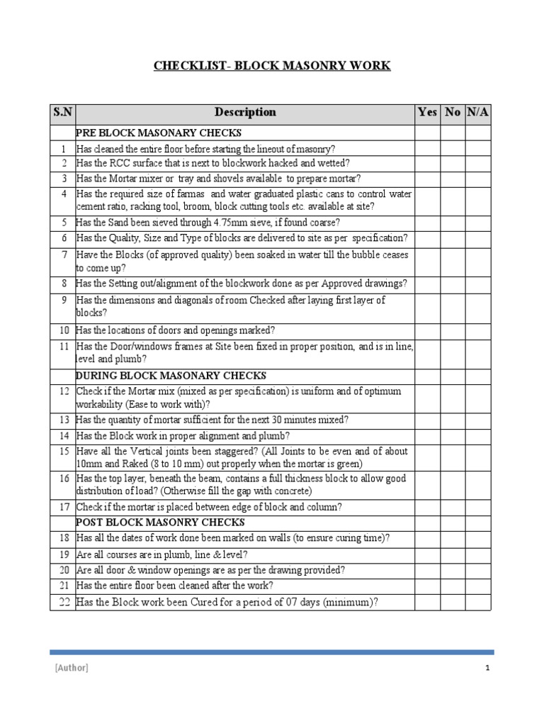 Block Masonry Work Checklist | PDF
