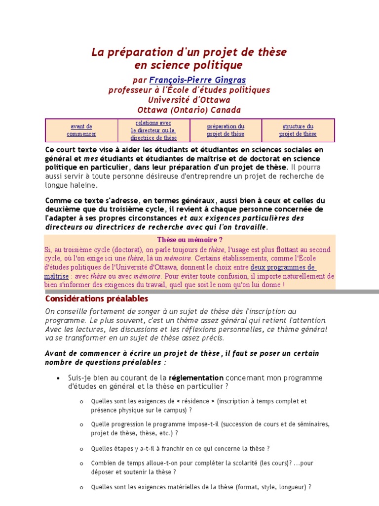 La préparation d'un projet de thèse  Doctorat  Université