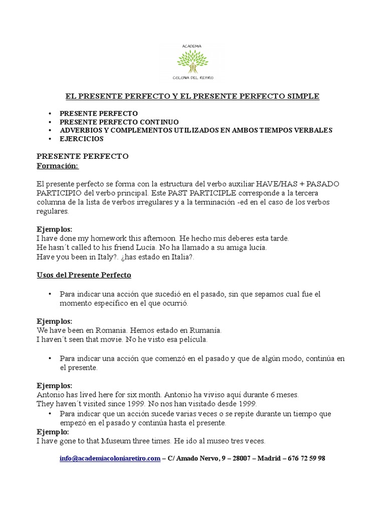 Uso y formación del presente perfecto | PDF | Mecánica del lenguaje ...
