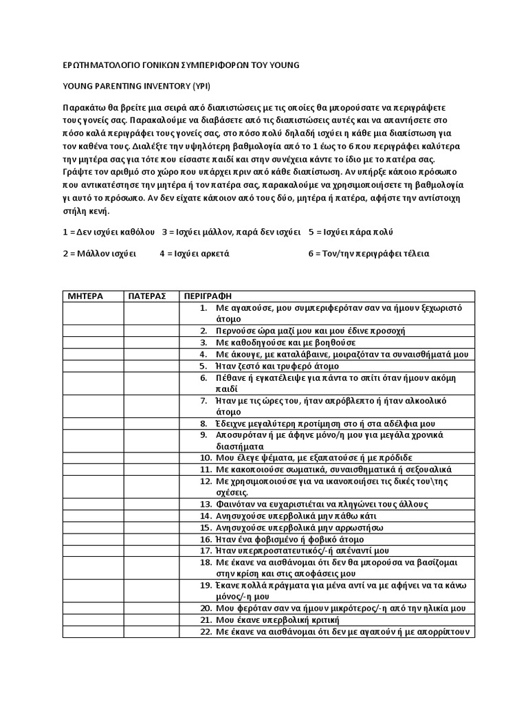 Young Parenting Inventory Ypi | PDF