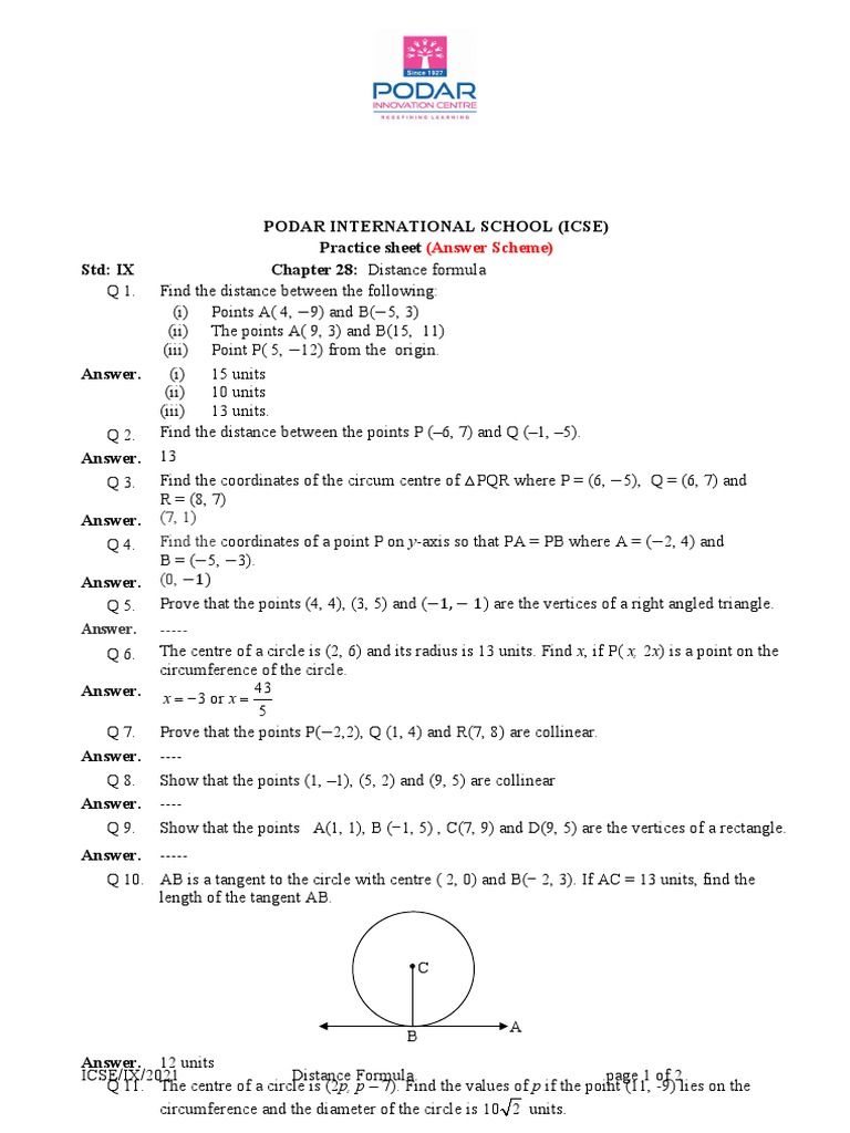 Class 9 Distance Formula Practice Sheet | PDF | Triangle | Circle