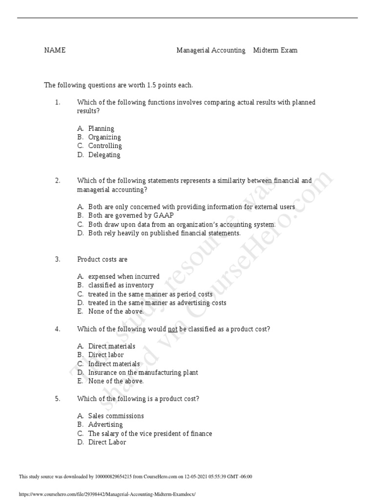 Managerial Accounting Midterm Exam Questions | PDF | Cost Of Goods Sold ...